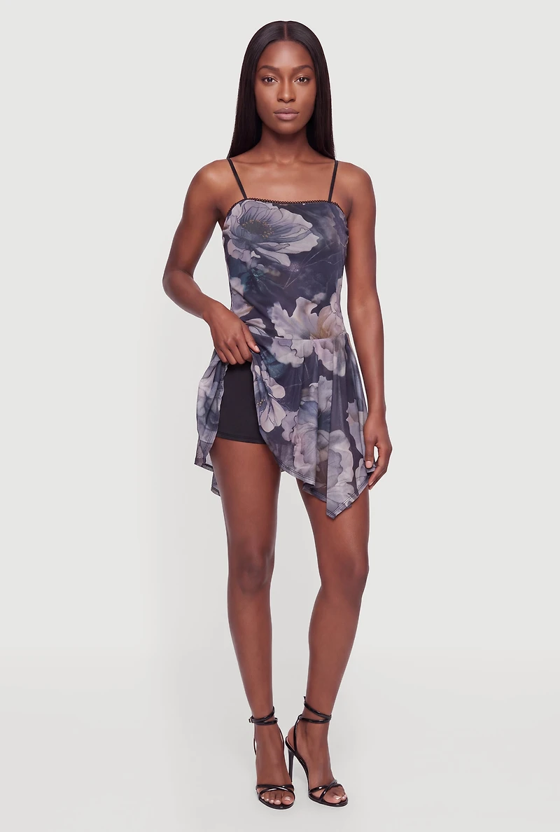 Floral Mesh Sharkbite Hem Mini Dress