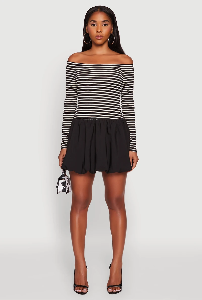 Womens Striped Off The Shoulder Long Sleeve Bubble Hem Dress, Multi, Size S