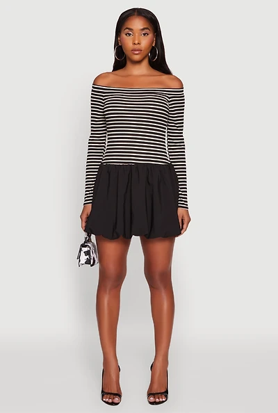 Striped Off The Shoulder Long Sleeve Bubble Hem Dress