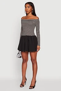 Womens Striped Off The Shoulder Long Sleeve Bubble Hem Dress, Multi,