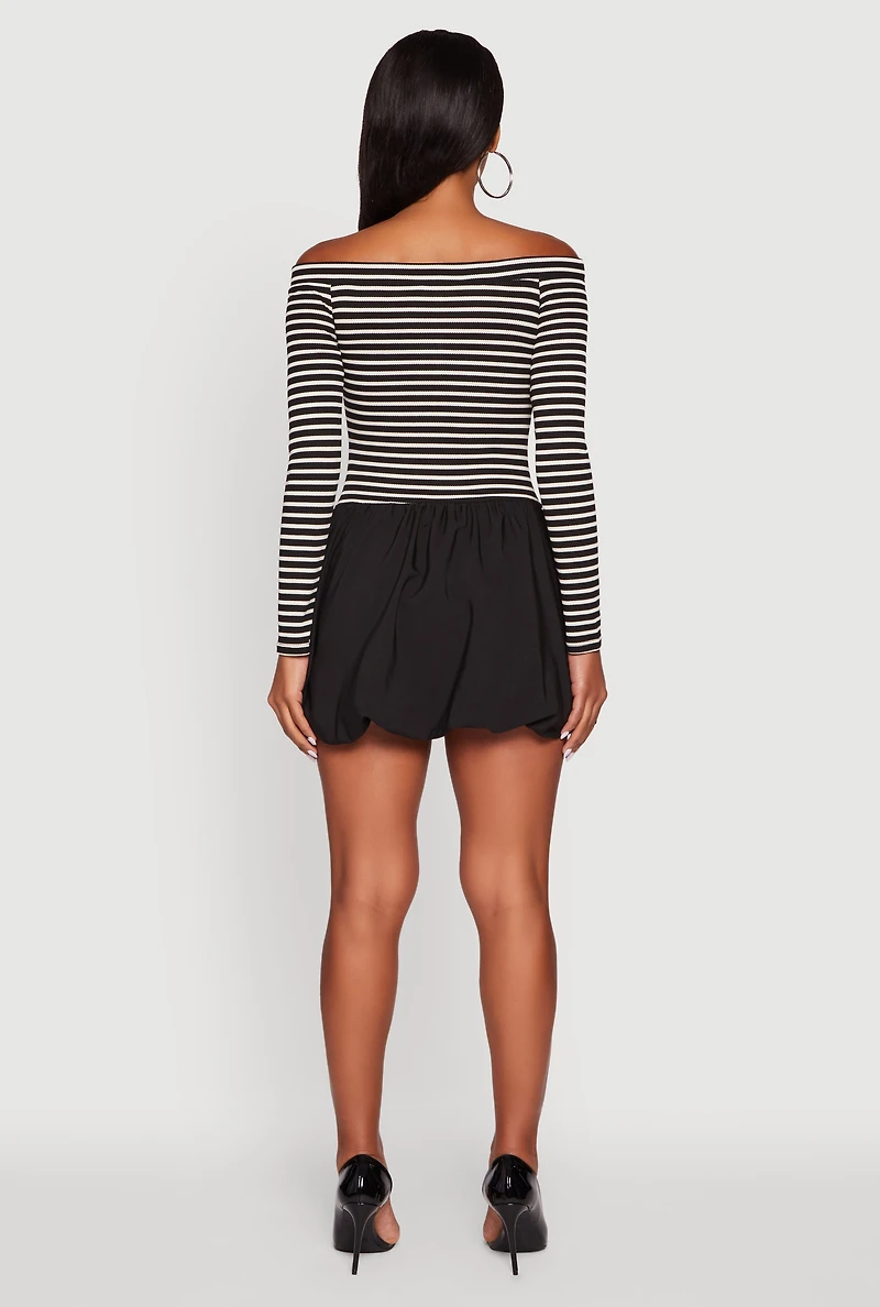 Womens Striped Off The Shoulder Long Sleeve Bubble Hem Dress, Multi,