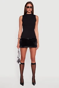 Womens Belted Faux Fur Hem Sleeveless Micro Dress,