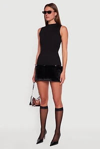 Womens Belted Faux Fur Hem Sleeveless Micro Dress,