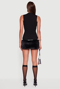 Womens Belted Faux Fur Hem Sleeveless Micro Dress,