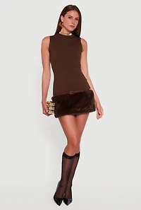 Womens Belted Faux Fur Hem Sleeveless Micro Dress, Brown, Size M