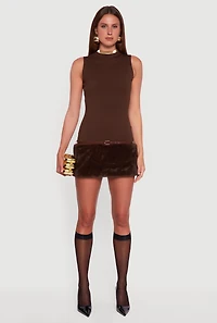 Womens Belted Faux Fur Hem Sleeveless Micro Dress, Brown, Size M