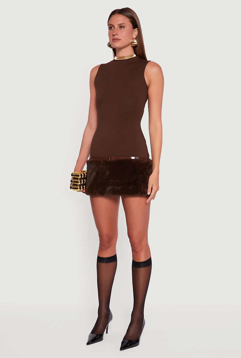 Womens Belted Faux Fur Hem Sleeveless Micro Dress, Brown, Size M