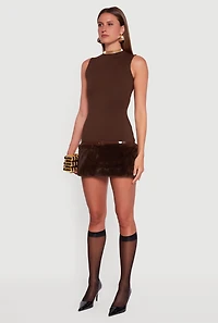 Womens Belted Faux Fur Hem Sleeveless Micro Dress, Brown, Size M