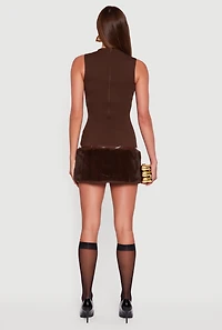 Womens Belted Faux Fur Hem Sleeveless Micro Dress, Brown, Size M