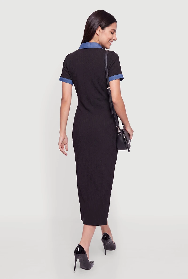 Chic Chambray Detail Textured Knit Polo Dress