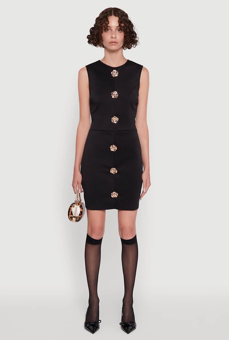 Womens Metallic Rose Detail Mini Sheath Dress, Black, Size XL