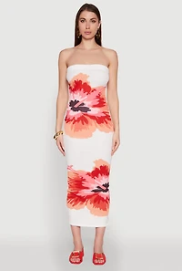 Womens Floral Print Midi Tube Dress, White, Size S