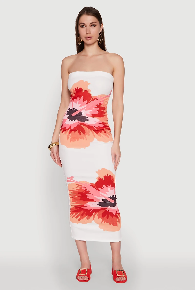 Womens Floral Print Midi Tube Dress, White, Size S