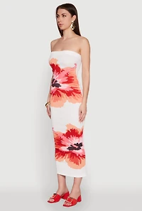 Womens Floral Print Midi Tube Dress, White, Size S
