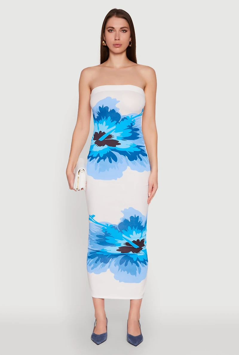 Womens Floral Print Midi Tube Dress, Blue, Size XL