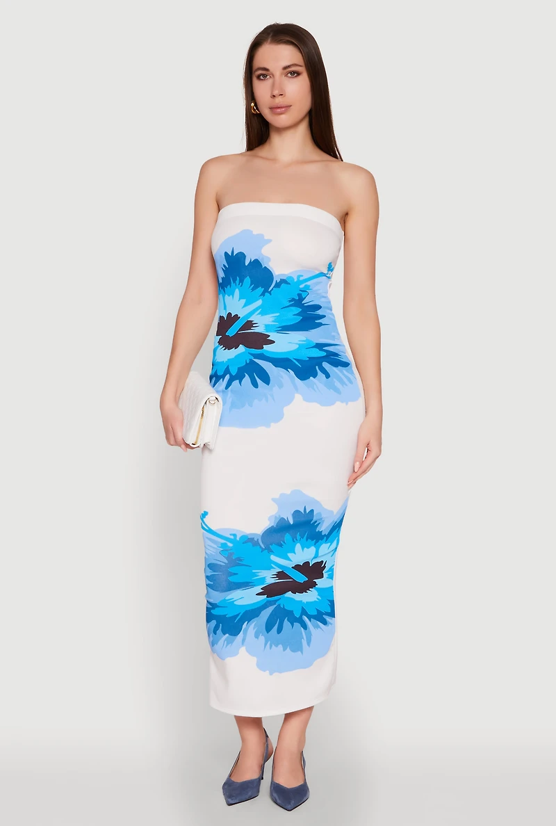 Womens Floral Print Midi Tube Dress, Blue, Size L