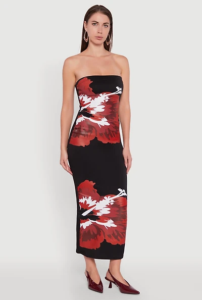 Womens Floral Graphic Tube Maxi Dress, Black, Size L