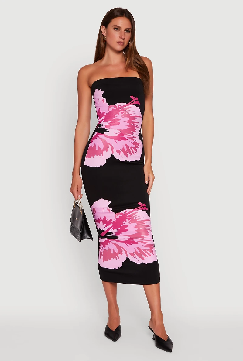 Womens Floral Graphic Tube Maxi Dress, Black, Size L
