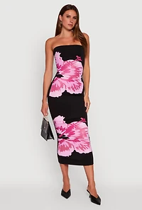 Womens Floral Graphic Tube Maxi Dress, Black, Size L