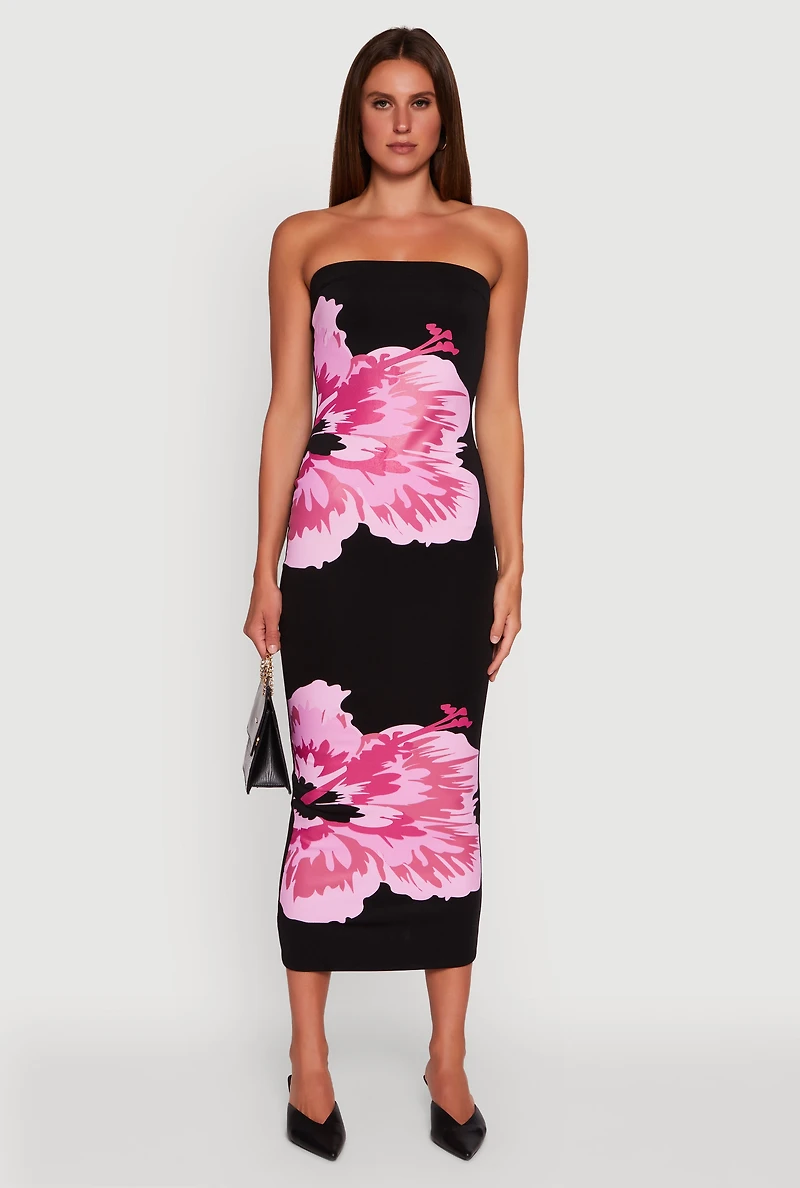 Womens Floral Graphic Tube Maxi Dress, Black, Size XL
