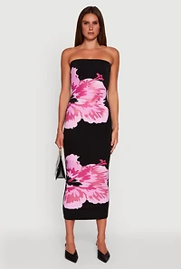 Womens Floral Graphic Tube Maxi Dress, Black, Size S