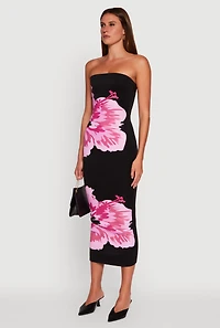 Womens Floral Graphic Tube Maxi Dress, Black, Size XL