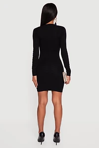 Womens Textured Knit Button Detail Long Sleeve Sweater Dress, Black, Size L