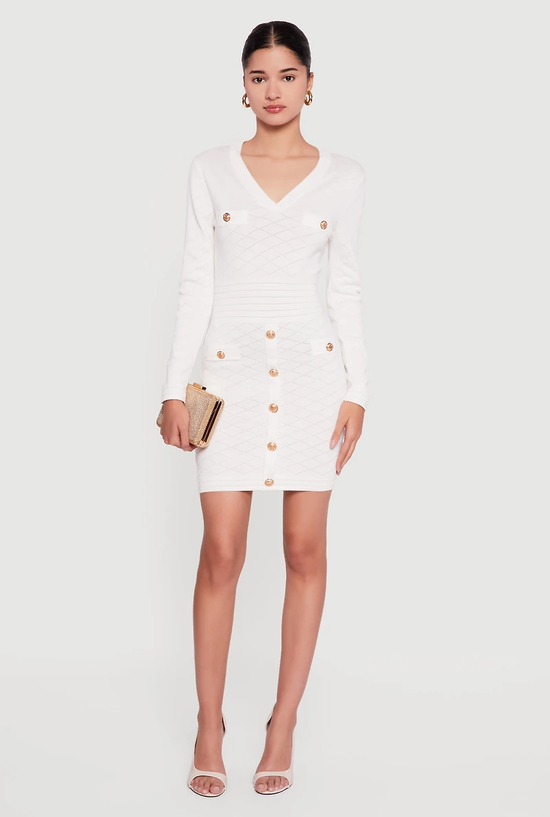 Womens Textured Knit Button Detail Long Sleeve Sweater Dress, White, Size L