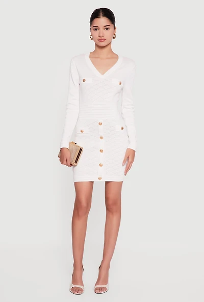 Womens Textured Knit Button Detail Long Sleeve Sweater Dress, White, Size L