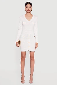 Textured Knit Button Detail Long Sleeve Sweater Dress