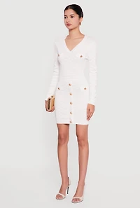 Womens Textured Knit Button Detail Long Sleeve Sweater Dress, White, Size L