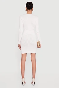 Textured Knit Button Detail Long Sleeve Sweater Dress