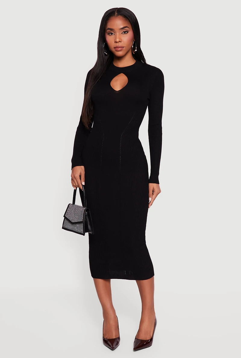 Rib Knit Keyhole Front Long Sleeve High Neck Sweater Dress