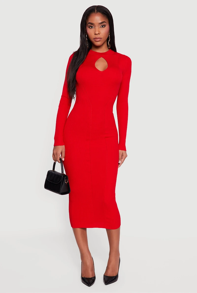 Womens Rib Knit Keyhole Front Long Sleeve High Neck Sweater Dress, Red, Size S