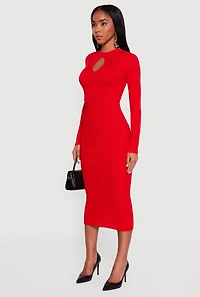 Rib Knit Keyhole Front Long Sleeve High Neck Sweater Dress