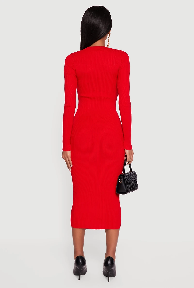 Rib Knit Keyhole Front Long Sleeve High Neck Sweater Dress