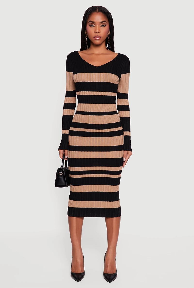 Striped Rib Knit Long Sleeve V-Neck Sweater Dress