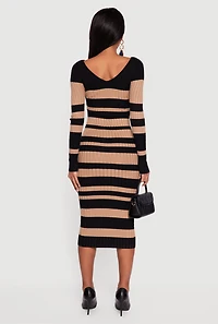 Striped Rib Knit Long Sleeve V-Neck Sweater Dress