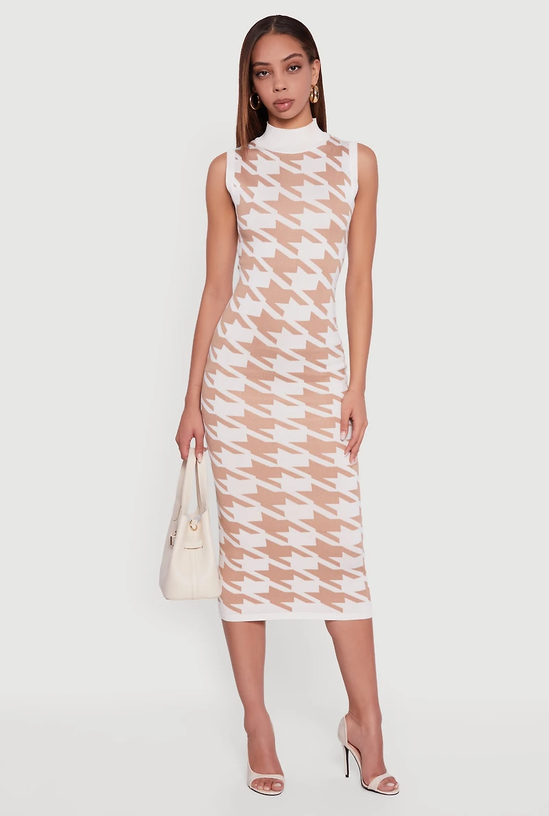 Houndstooth Sleeveless Mock Neck Midi Sweater Dress
