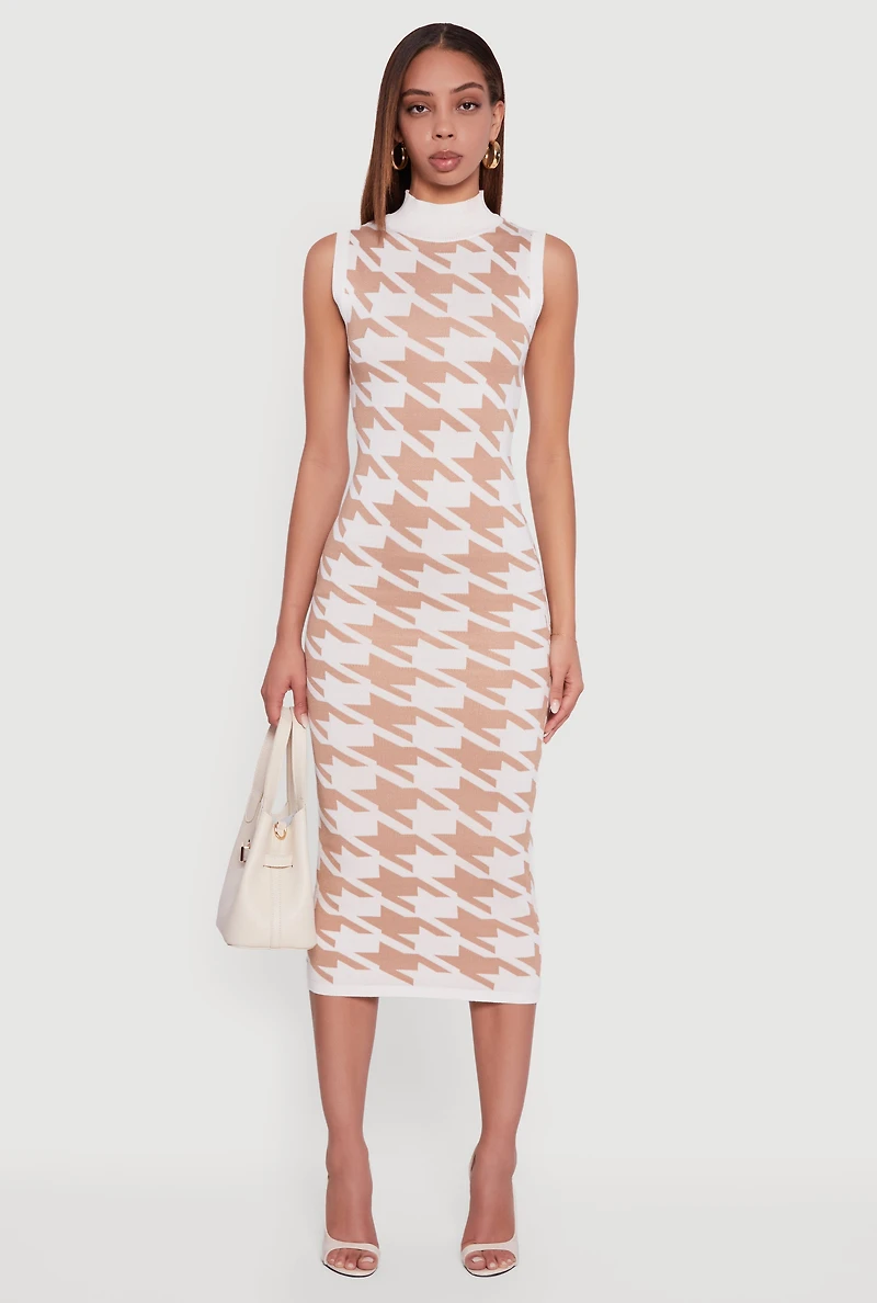 Houndstooth Sleeveless Mock Neck Midi Sweater Dress