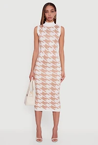 Houndstooth Sleeveless Mock Neck Midi Sweater Dress