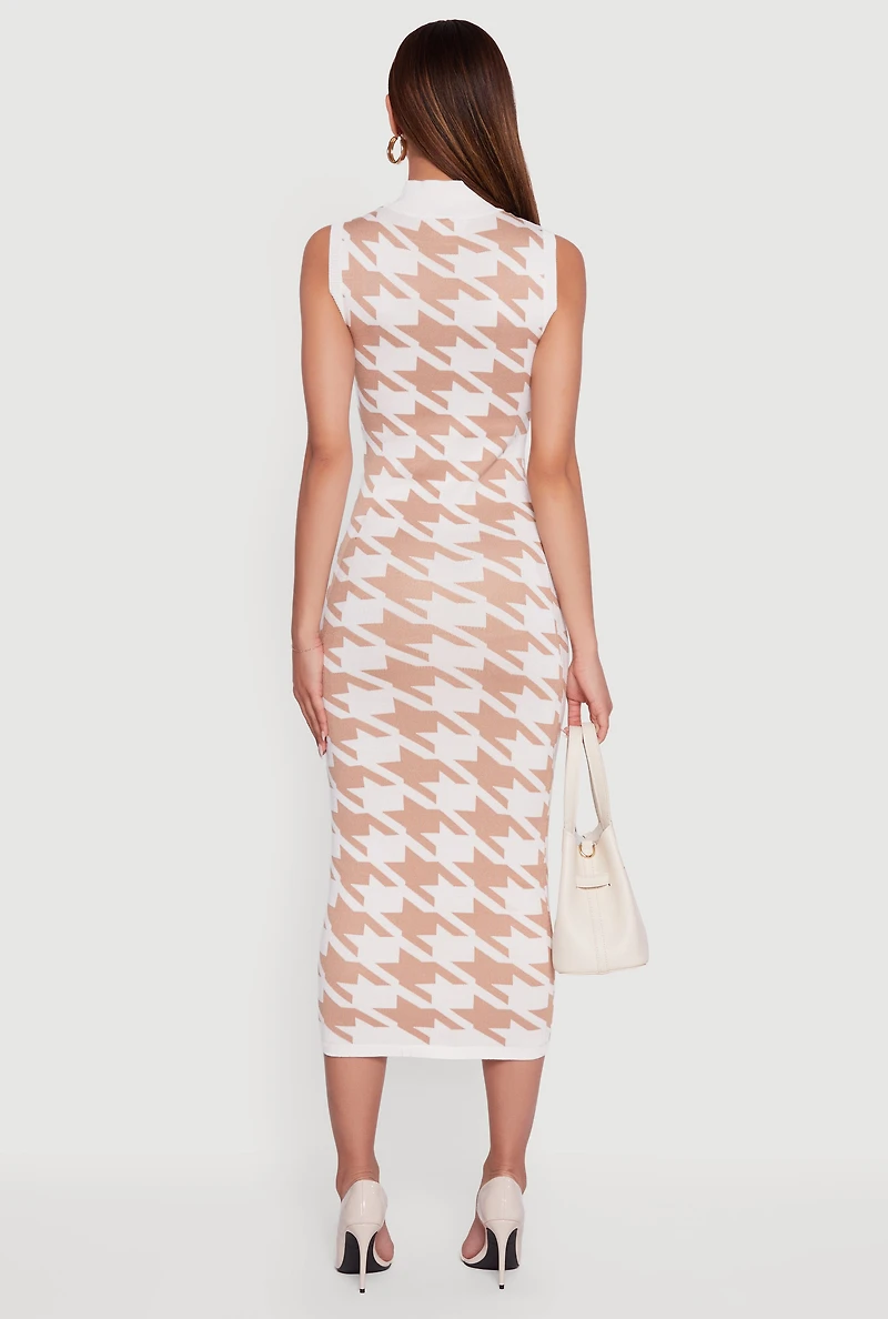 Houndstooth Sleeveless Mock Neck Midi Sweater Dress