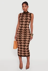 Womens Houndstooth Sleeveless Mock Neck Midi Sweater Dress, Brown, Size S
