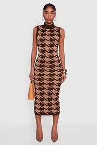 Womens Houndstooth Sleeveless Mock Neck Midi Sweater Dress, Brown, Size S