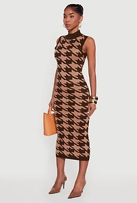 Womens Houndstooth Sleeveless Mock Neck Midi Sweater Dress, Brown, Size S