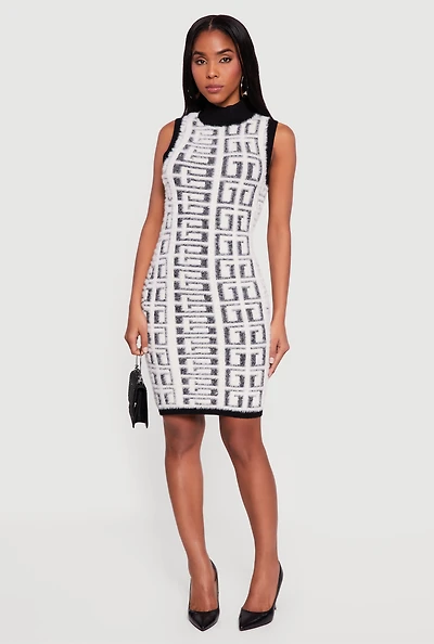 Geometric Eyelash Knit Sleeveless Mock Neck Sweater Dress