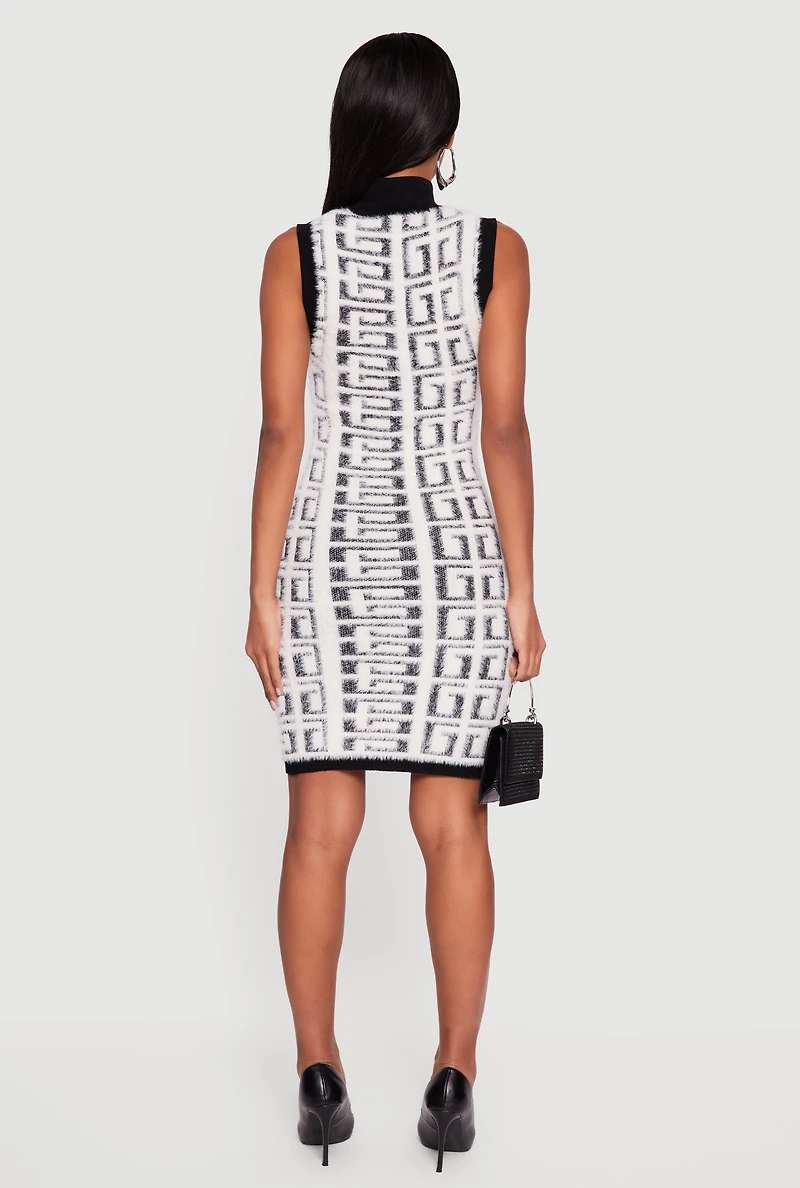 Womens Geometric Eyelash Knit Sleeveless Mock Neck Sweater Dress, White, Size M