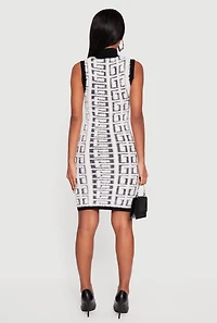 Womens Geometric Eyelash Knit Sleeveless Mock Neck Sweater Dress, White, Size M