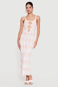 Wavy Striped Pointelle Knit Beaded Keyhole Maxi Dress