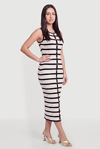Metallic Faux Button Striped Sweater Dress